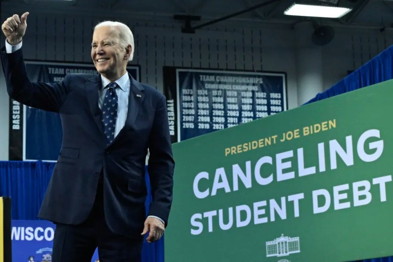 US President Joe Biden gestures after speaking about student loan debt relief at Madison Area Technical College in Madison, Wisconsin, April 8, 2024.