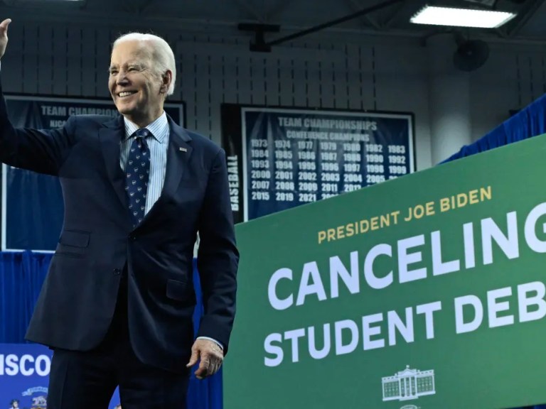 US President Joe Biden gestures after speaking about student loan debt relief at Madison Area Technical College in Madison, Wisconsin, April 8, 2024.