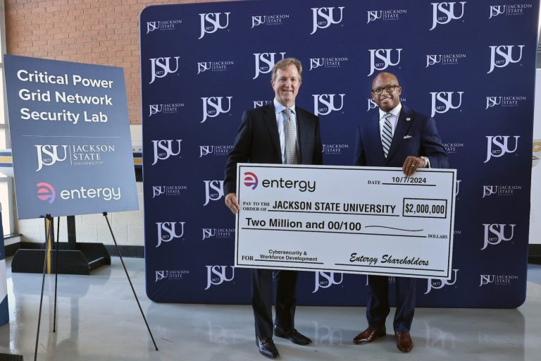 Entergy Mississippi President and CEO Haley Fisackerly and JSU President Marcus Thompson, Ph.D., talked about the new Critical Power Grid Network Security Lab that the Entergy Charitable Foundation will fund.