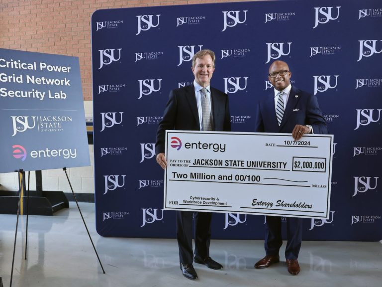 Entergy Mississippi President and CEO Haley Fisackerly and JSU President Marcus Thompson, Ph.D., talked about the new Critical Power Grid Network Security Lab that the Entergy Charitable Foundation will fund.