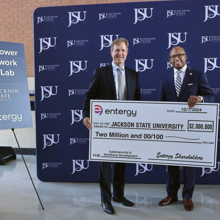 Entergy Mississippi President and CEO Haley Fisackerly and JSU President Marcus Thompson, Ph.D., talked about the new Critical Power Grid Network Security Lab that the Entergy Charitable Foundation will fund.