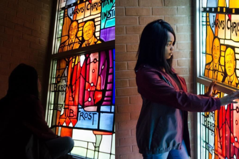 Jade Jackson observed the stained glass image of her great grandfather etched in the windows of the Jarvis Christian University chapel in 2015.