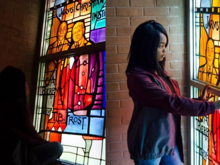 Jade Jackson observed the stained glass image of her great grandfather etched in the windows of the Jarvis Christian University chapel in 2015.