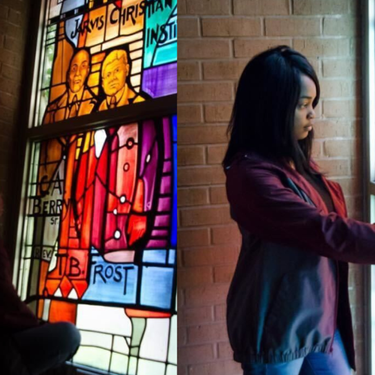 Jade Jackson observed the stained glass image of her great grandfather etched in the windows of the Jarvis Christian University chapel in 2015.