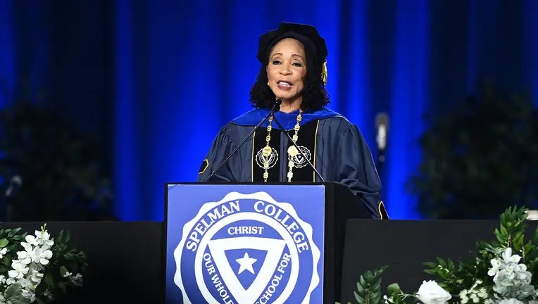 Spelman President Dr. Helene D. Gayle speaks during a Spelman College Commencement Ceremony in May 2024.