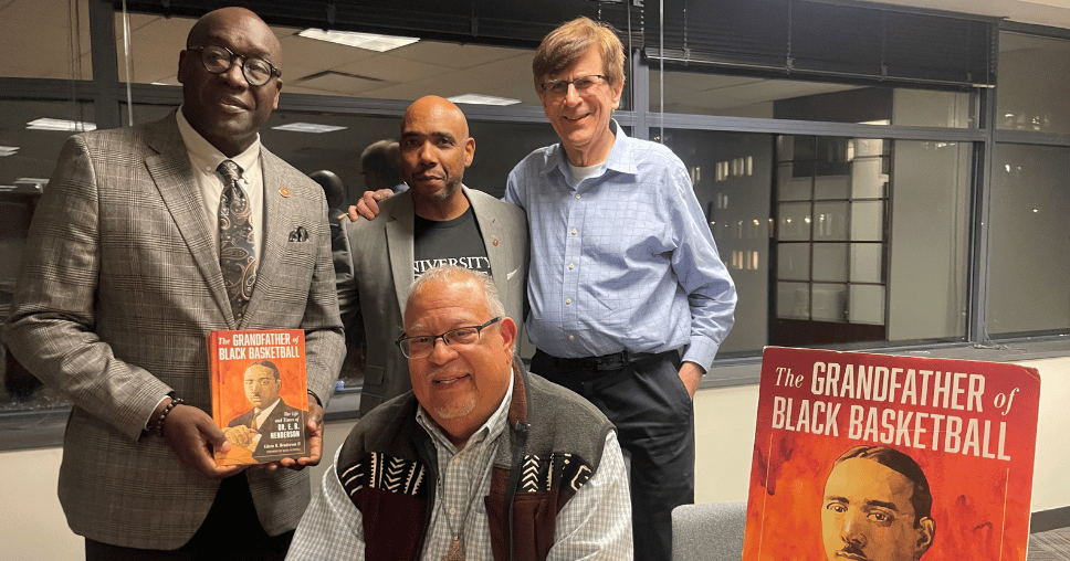 Back, L-R: Chief Advancement Officer Richard Lucas, College of Arts and Sciences Acting Dean Jeffery Fleming, University Archivist Chris Anglim. Front: Edwin B. Henderson II
