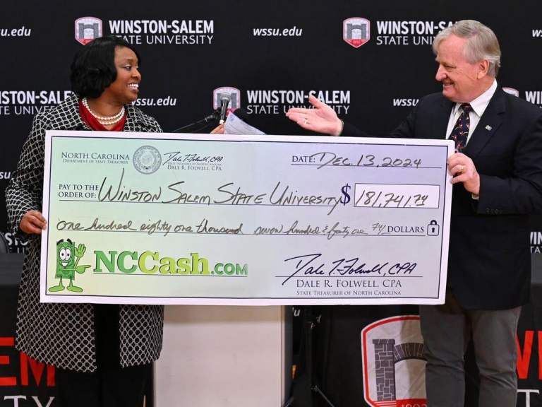 State Treasurer Dale R. Folwell, CPA, joined with Winston-Salem State University Chancellor Bonita Brown Friday, Dec. 13, to return $181,741.74 in university funds that had been deemed undeliverable and routed to the Department of State Treasurer’s NCCash account for safekeeping.