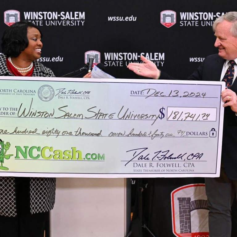 State Treasurer Dale R. Folwell, CPA, joined with Winston-Salem State University Chancellor Bonita Brown Friday, Dec. 13, to return $181,741.74 in university funds that had been deemed undeliverable and routed to the Department of State Treasurer’s NCCash account for safekeeping.